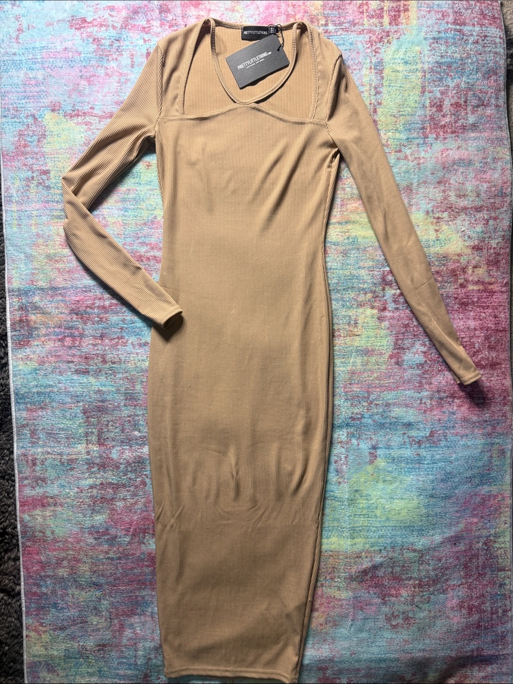 PrettyLittleThing Camel Long Sleeve Ribbed Midi Dress